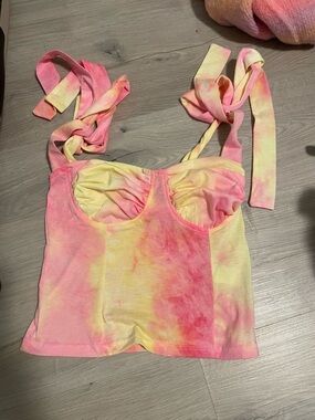 Tie-Shoulder Tie-Dye Bustier Crop Top in Pink & Yellow